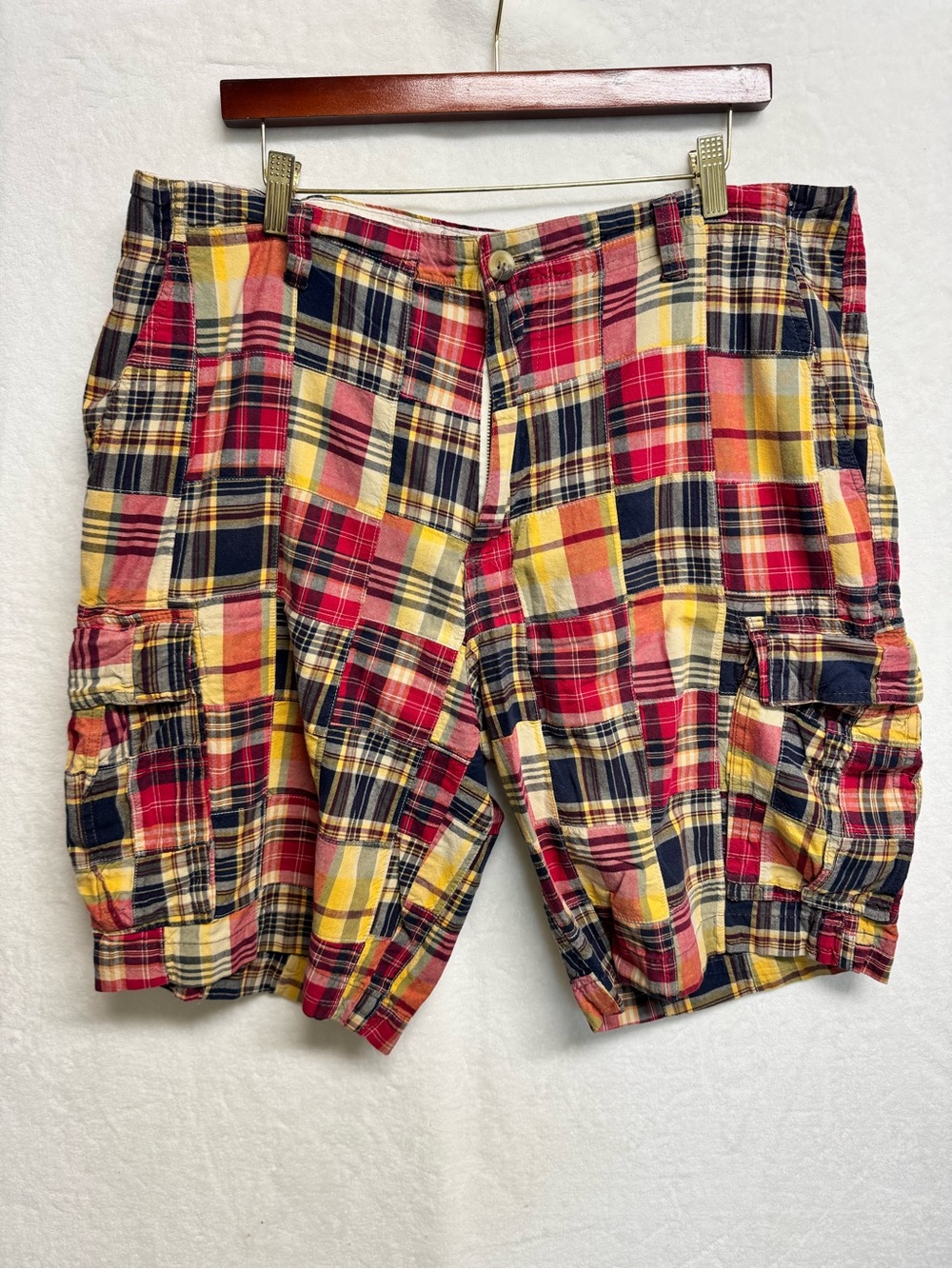 Plugg Shorts Mens Size 40 Cargo Madras Plaid Patchwork Vintage Skater